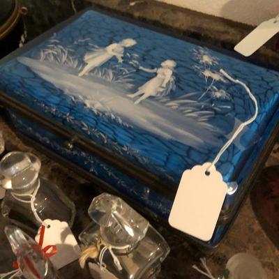 Mary Gregory glass Pairpoint and Mosser dresser box