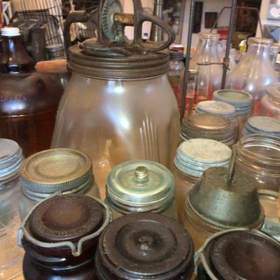 Butter churn and mayonnaise jars