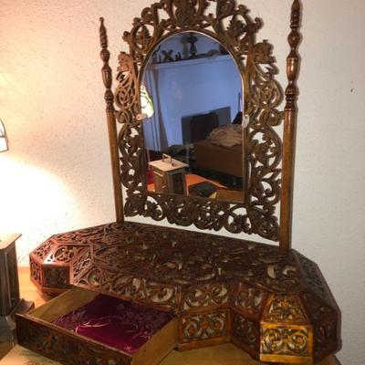 Hand carved teakwood dresser mirror