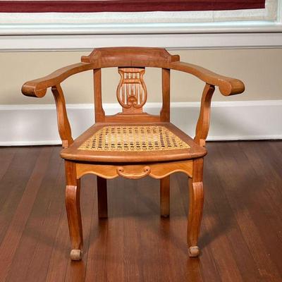 FANCY CARVED BARREL BACK CHAIR  |
Open carved heart splat, seat, height, 16 inches - l. 19 x w. 27.5. x h. 26.5 in.