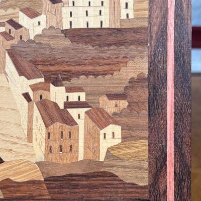 PARQUETRY WOOD ART  | Showing a bayside scene with a tree - w. 9 x h. 11.5 in.
