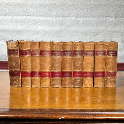 (10pc) THACKERAY'S WORKS | William Makepeace Thackeray, pub. Belford, Clarke & Co., bound in 3/4 leather - w. 5 x h. 7.5 in.