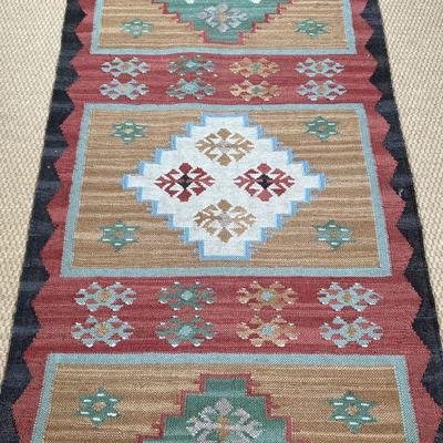 WOOL KILIM RUG  | Red wool Kilim runner with four medallions - l. 2.5 x w. 9 ft.