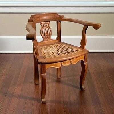 FANCY CARVED BARREL BACK CHAIR  |
Open carved heart splat, seat, height, 16 inches - l. 19 x w. 27.5. x h. 26.5 in.