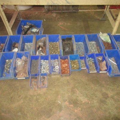25 BINS OF ZIP TIES NUTS BOLTS SCREWS WASHERS BRACKETS SPACERS LOCK WASHERS CHAIN WRENCHES FITTINGS ETC