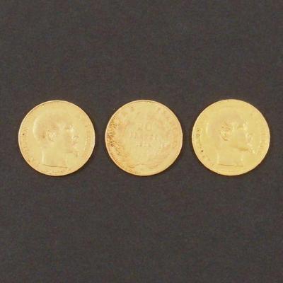 LOT 133: (3) 1854 France Napolean III 20 Franc Gold Coins.