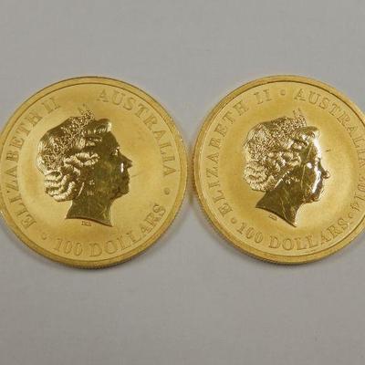 Lot 33: (2) Australian Kangaroo $100 Gold Coins.

