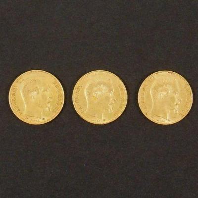 LOT 136: (3) 1859 France Napolean III 20 Franc Gold Coins.