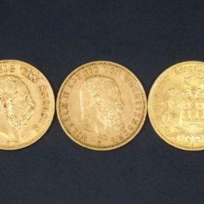 Lot 57: (5) Germany 20 Mark Gold Coins.
