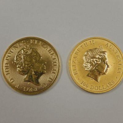 Lot 14: 2014 Australia $100 & 2019 U.K. 100 Pounds Gold Coins.
