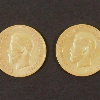 LOT 127: (2) 1899 Russia LOT 127: Nicholas II 10 Ruble Gold Coins.