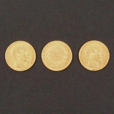 LOT 129: (3) 1855 France Napolean III 20 Franc Gold Coins.
