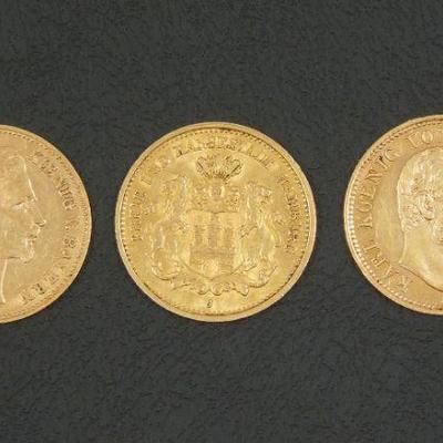Lot 60: (3) 1877 Germany 5 Mark Gold Coins.
