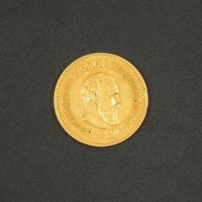 Lot 63: 1887 Russia Alexander III 5 Ruble Gold Coin.
