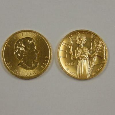 Lot 13: 2015 U.S. $100 & 2019 Canada $50 Gold Coins.
