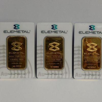 (3) Elemetal  1 Troy Ounce Gold Bars.
