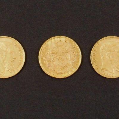 LOT 126: (3) Belgium Leopold II 20 Franc Gold Coins.