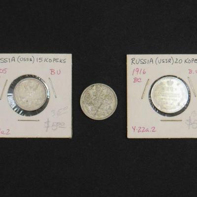 (3) Russia 15, 20 & 20 Kopeck LOT 93: Coins.
