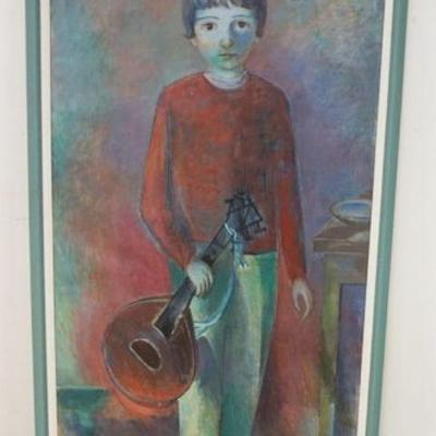 1106	LARGE FRAMED OIL ON CANVAS OF BOY HOLDING MANDOLIN, SIGNED & DATED *54*, APPROXIMATELY 33 IN X 61 IN

