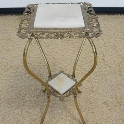 1200	ORNATE VICTORIAN BRASS STAND WITH INSET MARBLE TOP AND LOWER SHELF, APPROXIMATELY 15 IN X 15 IN X 31 IN HIGH
