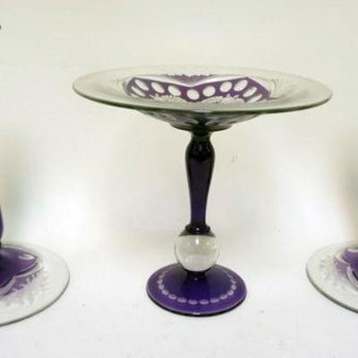 1164	AMETHYST TO CLEAR 3 PIECE CONSOLE SET, CANDLESTICKS ARE APPROXIMATELY 9 1/2 IN HIGH
