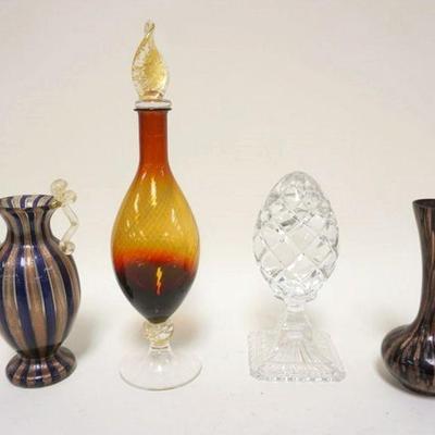 1093	GROUP OF ASSORTED BLOWN GLASS VASES & BOTTLE W/STOPPER, CLEAR GLASS PINEAPPLE PAPERWEIGHT, TALLEST IS APPROXIMATELY 12 1/2 IN HIGH
