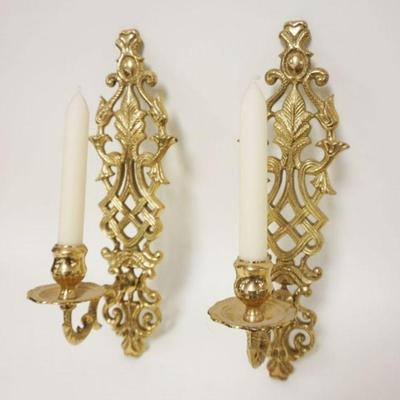 1072	PAIR OF ORNATE BRASS CANDLE WALL SCONCES, APPROXIMATELY 15 IN HIGH
