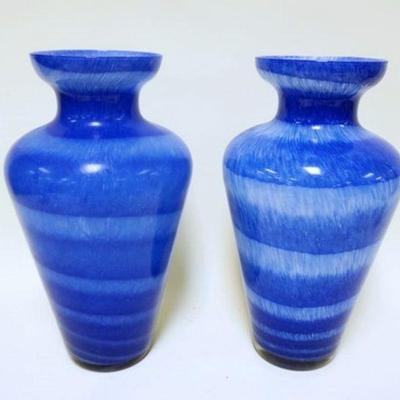 1073	2 BLUE & WHITE SWIRL GLASS TAPERED VASES, APPROXIMATELY 14 IN HIGH
