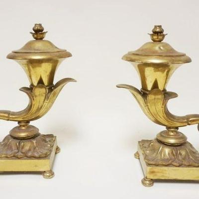 1044	PAIR OF SOLID BRASS ELECTRIC LAMPS STYLED AFTER ANTIQUE ARGON LAMPS, APPROXIMATELY 13 IN HIGH
