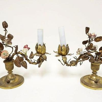 1049	PAIR OF FRENCH BRONZE BASED ELECTRIC CANDELABRUM W/PORCELAIN FLOWERS, LOSSES TO EACH, APPROXIMATELY 10 IN HIGH X 12 IN WIDE
