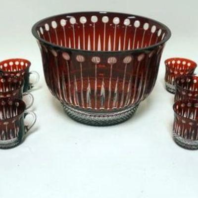 1176	OUTSTANDING RUBY CUT TO CLEAR PUNCH BOWL & 20 CUPS, BOWL IS APPROXIMATELY 11 IN X 7 1/2 IN HIGH
