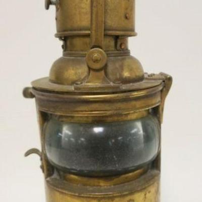 1055	HEAVY BRASS LANTERN POSSIBLY NAUTICAL, WOOD HANDLE, MISSING BURNER, APPROXIMATELY 17 IN HIGH
