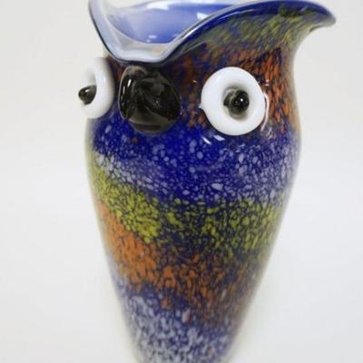 1046	CASED SPATTER ART GLASS OWL PITCHER, APPROXIMATELY 9 1/2 IN HIGH
