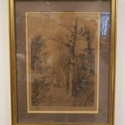 1099	FRAMED & MATTED ENGRAVING OF WOMAN & CHILD WALKING DOWN COUNTRY ROAD SIGNED, APPROXIMATELY 24 1/2 IN X 31 1/2 IN
