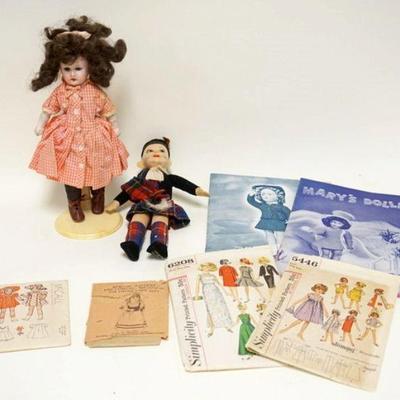 1014	ANTIQUE/VINTAGE DOLL LOT INCLUDES 2 DOLLS, ONE GERMAN BISQUE HEAD, VINTAGE SEWING PATTERNS & 2 VINTAGE MARY'S DOLLIES MAGAZINES, AS...