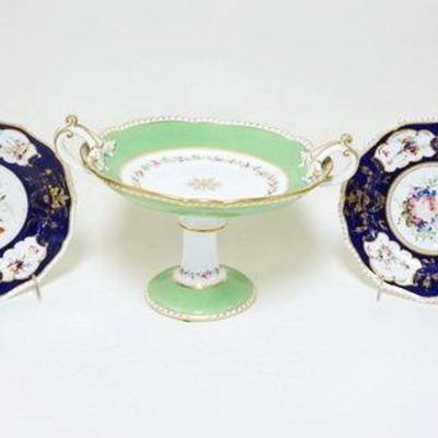 1051	GROUP OF ASSORTED ANTIQUE CHINA, 4 HAND PAINTED FLORAL APPROXIMATELY 9 IN PLATES & BOLTED 2 PART COMPOTE, APPROXIMATELY 14 IN X 9 IN...
