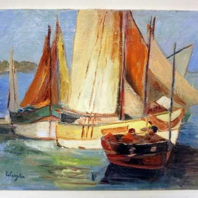 1139	OIL PAINTING ON CANVAS OF SAILBOATS ON SHORE, SIGNED, APPROXIMATELY 14 IN X 18 IN
