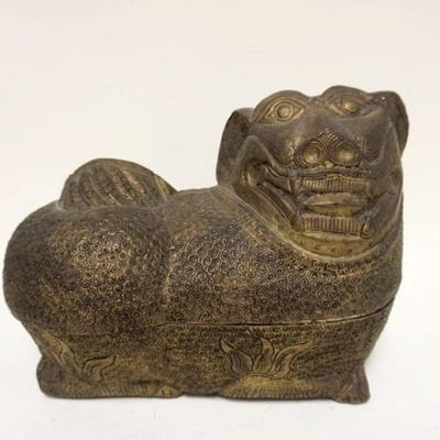 1069	ASIAN METAL 2 PART CONTAINER FASHOINED IN THE FORM OF A DOG, APPROXIMATELY 8 IN X 13 IN X 10 IN HIGH
