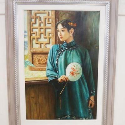 1102	LARGE FRAMED OIL ON CANVAS, PAINTING OF ASAIN GIRL HOLDING FAN, APPROXIMATELY 35 1/4 IN X 48 IN
