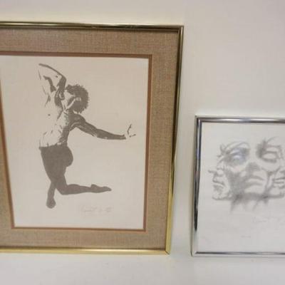 1103	2 FRAMED PIECES OF ARTWORK BY TOM VINCENT, MALE DANCER & MULTIPLE FACES, LARGEST IS APPROXIMATELY 14 IN X 17 IN OVERALL
