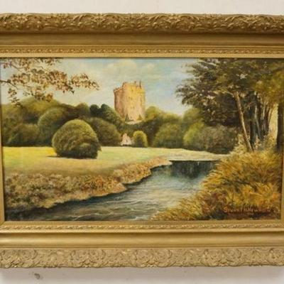 1140	OIL PAINTING ON CANVAS FRAMED OF CASTLE BY STREAM, SIGNED, APPROXIMATELY 21 IN X 31 IN
