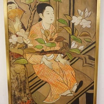 1141	LARGE OIL PAINTING ON CANVAS OF ASIAN WOMAN TITLED *JAPANESE LADY ON PORCH* SIGNED VERDI, APPROXIMATELY 32 IN X 42 IN OVERALL,...