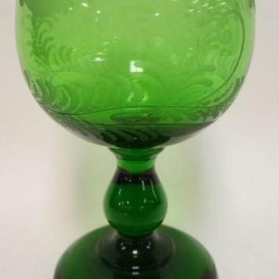 1112	LARGE GREEN WHEEL CUT CHALICE W/SOLID HEAVY GLASS BASE, APPROXIMATELY 10 1/4 IN HIGH
