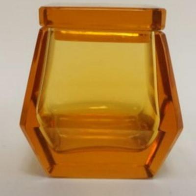 1171	MOSER AMBER GLASS COVERED GEOMETRIC SHAPED BOX, APPROXIMATELY 3 1/4 IN HIGH
