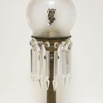 1079	TALL ASTRAL STYLE ELECTRIC LAMP W/ETCHED SHADE & PRISMS, APPROXIMATELY 29 IN HIGH
