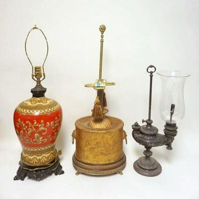 1060	GROUP OF 3 ASSORTED TABLE LAMPS, ONE SILVERPLATE IN THE SHAPE OF AN ADJUSTABLE ANTIQUE OIL LAMP
