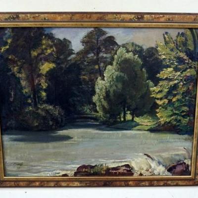 1138	OIL PAINTING ON CANVAS OF FOREST W/STREAM SIGNED, APPROXIMATELY 34 IN X 42 IN
