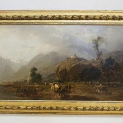1100	ANTIQUE OIL PAINTING ON CANVAS DEPICTING HORSES ALONG WATER IN FRONT OF MOUNTAIN, APPROXIMATELY 31 1/2 IN X 51 IN, OLD REPAIRS TO...