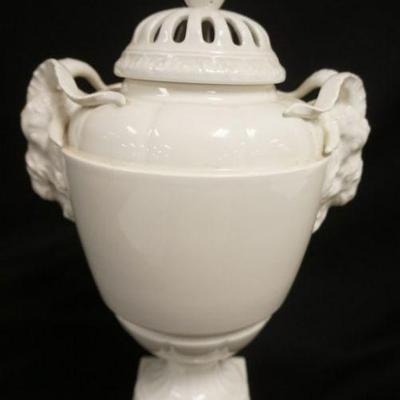 1109	KPM PORCELAIN BOLTED COVERED URN W/RAM HEADS, APPROXIMATELY 14 IN HIGH
