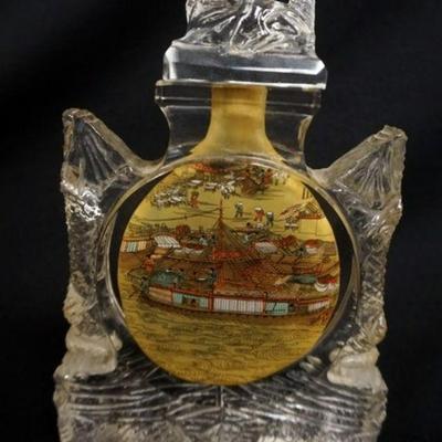1178	ASIAN GLASS BOTTLE W/REVERSE PAINT DECORATION ON INTERIOR, GLASS STOPPER TOP, SEPARATED APPROXIMATELY 7 IN HIGH
